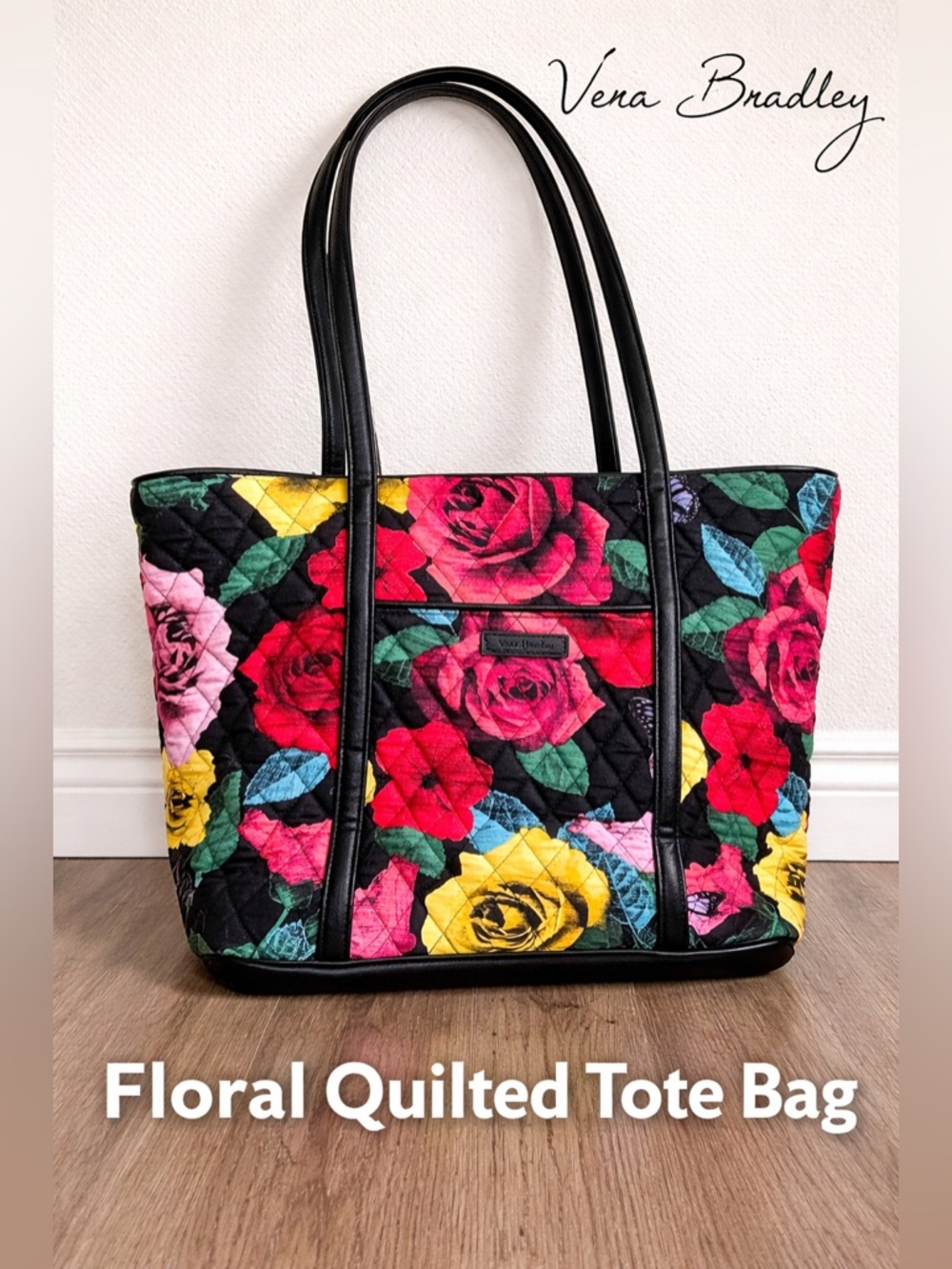 Vera Bradley Black Quilted Tote with Floral Trendy